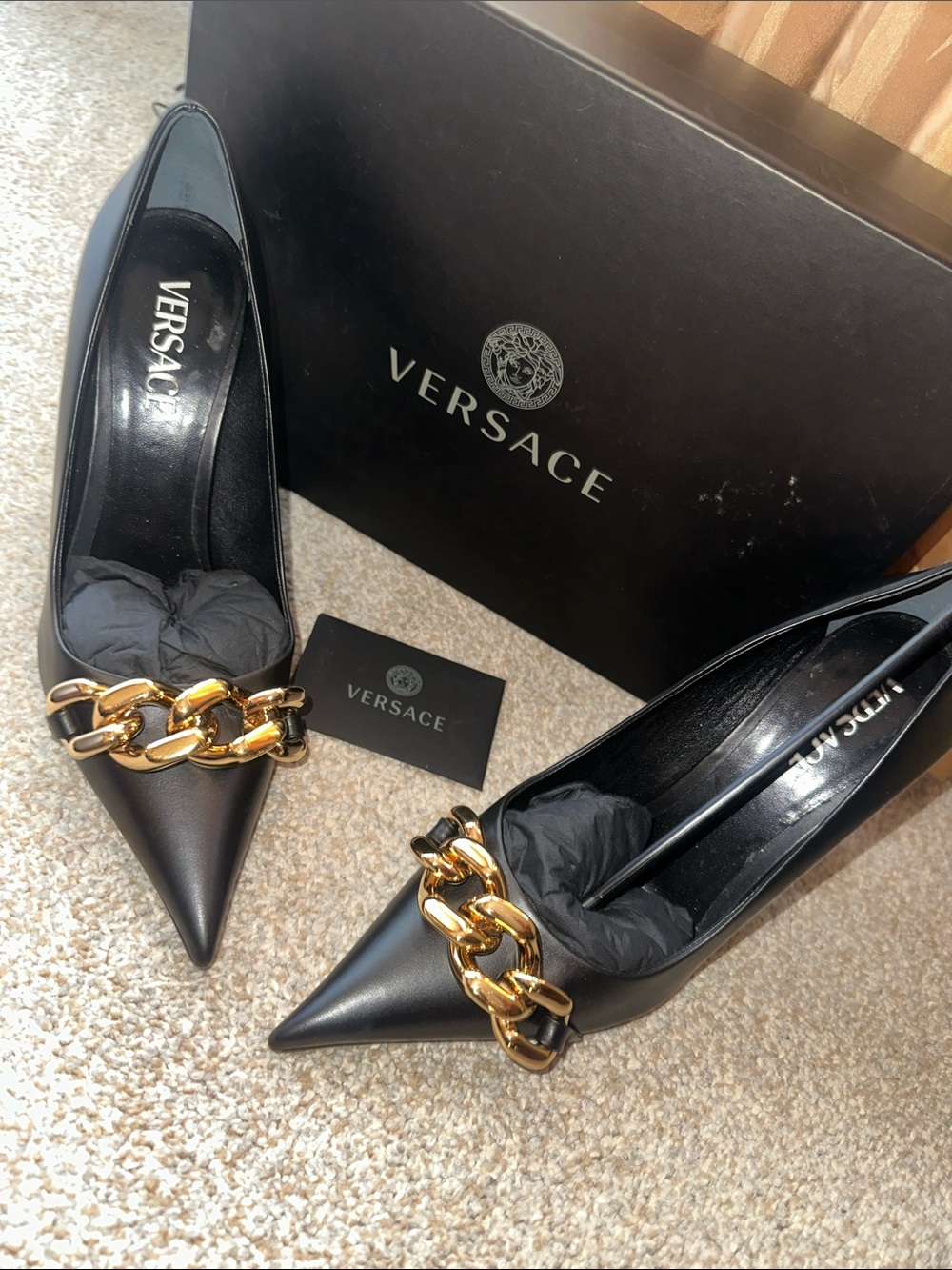 Versace Black Leather Pointed Pumps with Gold Chain Detail